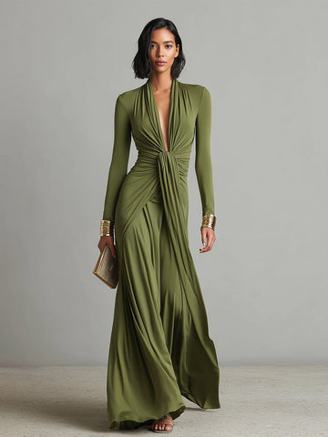 Oliv Seide Maxi Kleid V-Ausschnitt