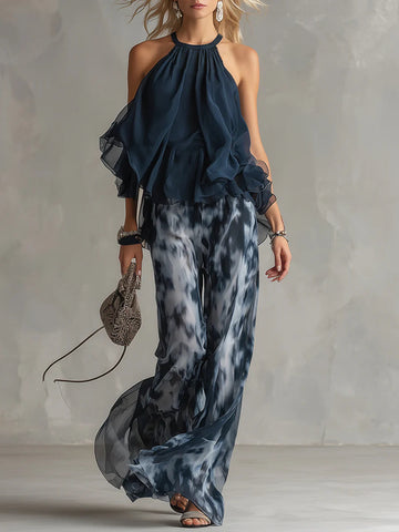 Marine Neckholder-Top mit Bedruckter Weithose – Chiffon-Set