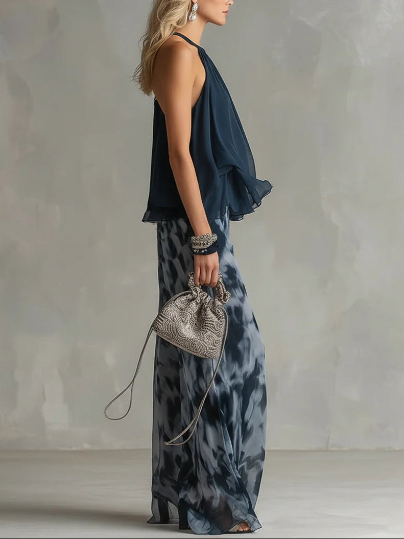 Marine Neckholder-Top mit Bedruckter Weithose – Chiffon-Set