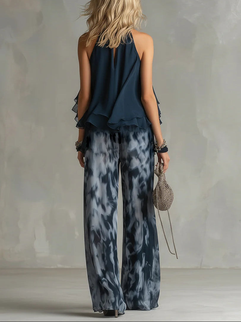 Marine Neckholder-Top mit Bedruckter Weithose – Chiffon-Set