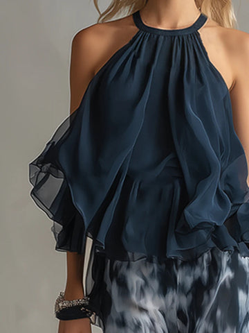 Marine Neckholder-Top mit Bedruckter Weithose – Chiffon-Set