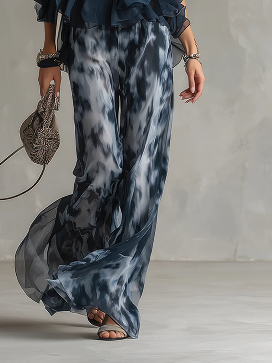 Marine Neckholder-Top mit Bedruckter Weithose – Chiffon-Set