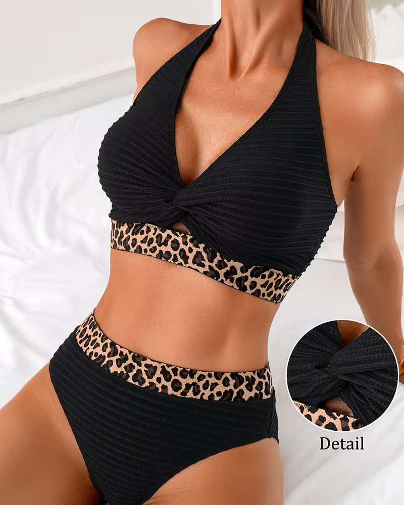 Bikini Geribbelt Leopard Farbblock
