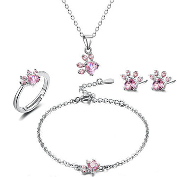 Roségold Pfoten Schmuckset – 4-teilig mit Zirkonia-Herz (Ring, Kette, Ohrringe, Armband)
