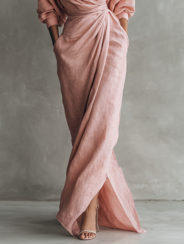 Rosa Leinen Maxi Kleid V-Hals