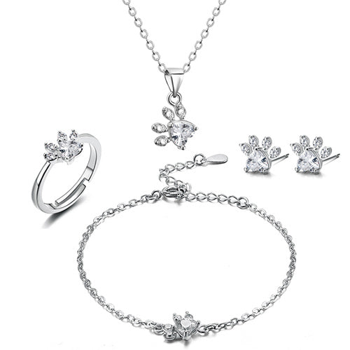 Roségold Pfoten Schmuckset – 4-teilig mit Zirkonia-Herz (Ring, Kette, Ohrringe, Armband)
