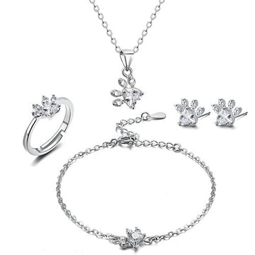 Roségold Pfoten Schmuckset – 4-teilig mit Zirkonia-Herz (Ring, Kette, Ohrringe, Armband)