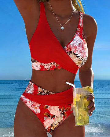 Bikini Kontrast Blumenmuster Geschnitten