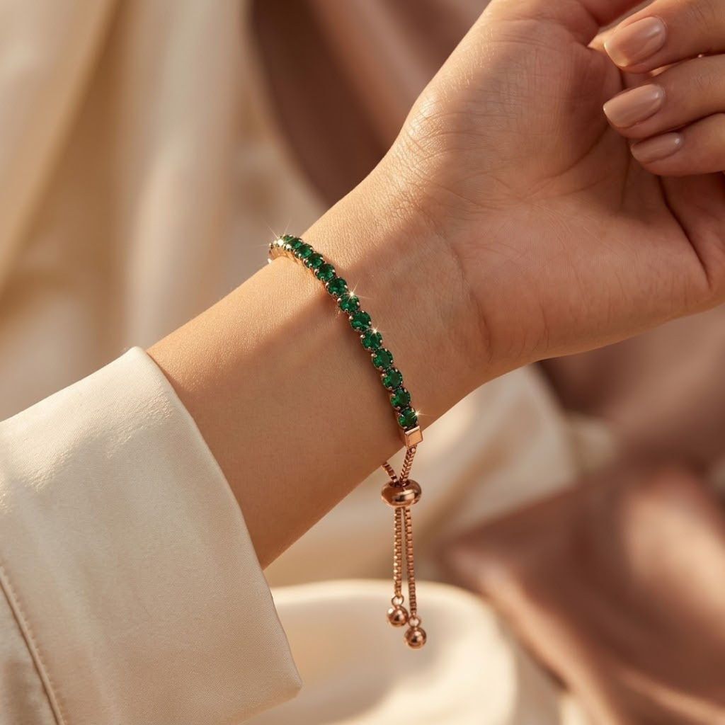 Goldenes Smaragd-Tennis-Armband (Verstellbar)