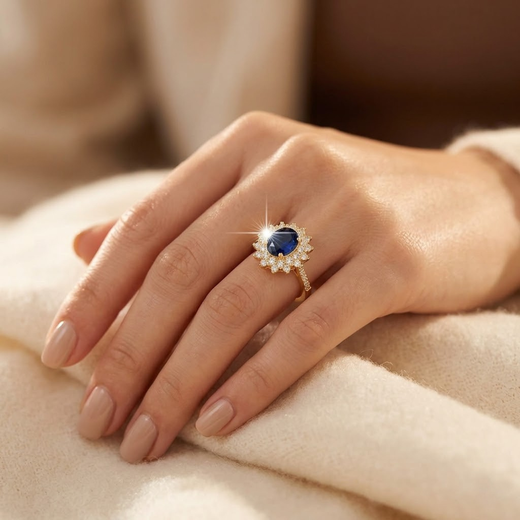 Goldener Saphir-Halo-Ring