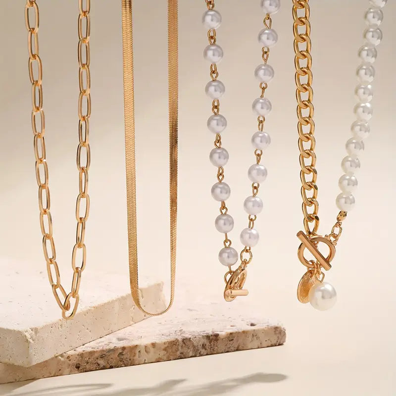 Schmuckset Perlenkette & Vintage-Schlangenkette | Gold