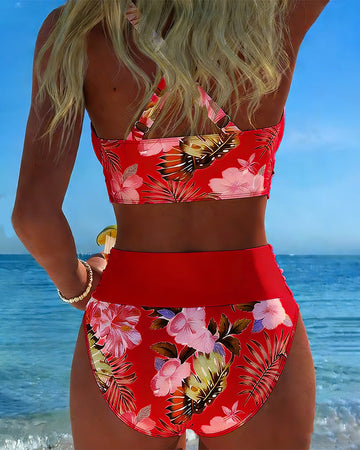 Bikini Kontrast Blumenmuster Geschnitten