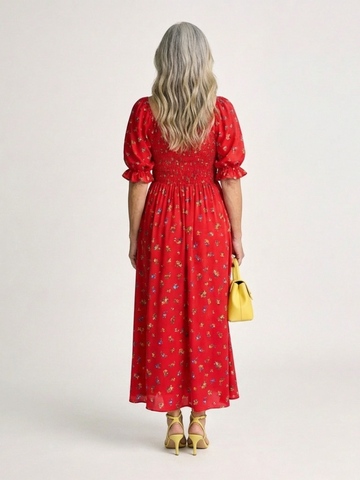 Delphine | Midi-Kleid mit quadratischem Ausschnitt und Blumenmuster