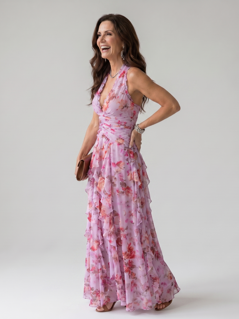 Nori | Halterneck Rüschentop Florales Maxi-Kleid