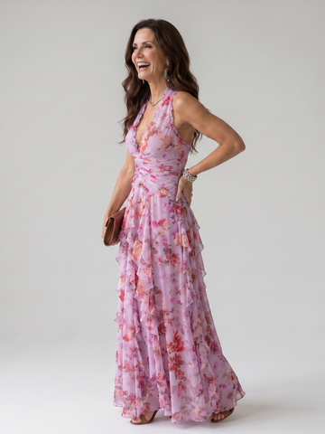 Nori | Halterneck Rüschentop Florales Maxi-Kleid