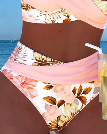 Bikini Kontrast Blumenmuster Geschnitten