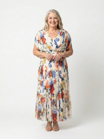Savannah | Kurzes, ärmelloses, plissiertes Midi-Kleid