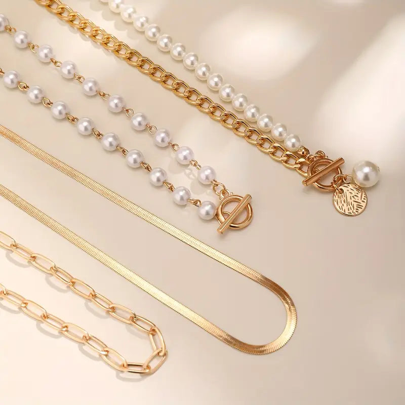 Schmuckset Perlenkette & Vintage-Schlangenkette | Gold