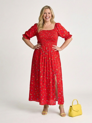 Delphine | Midi-Kleid mit quadratischem Ausschnitt und Blumenmuster