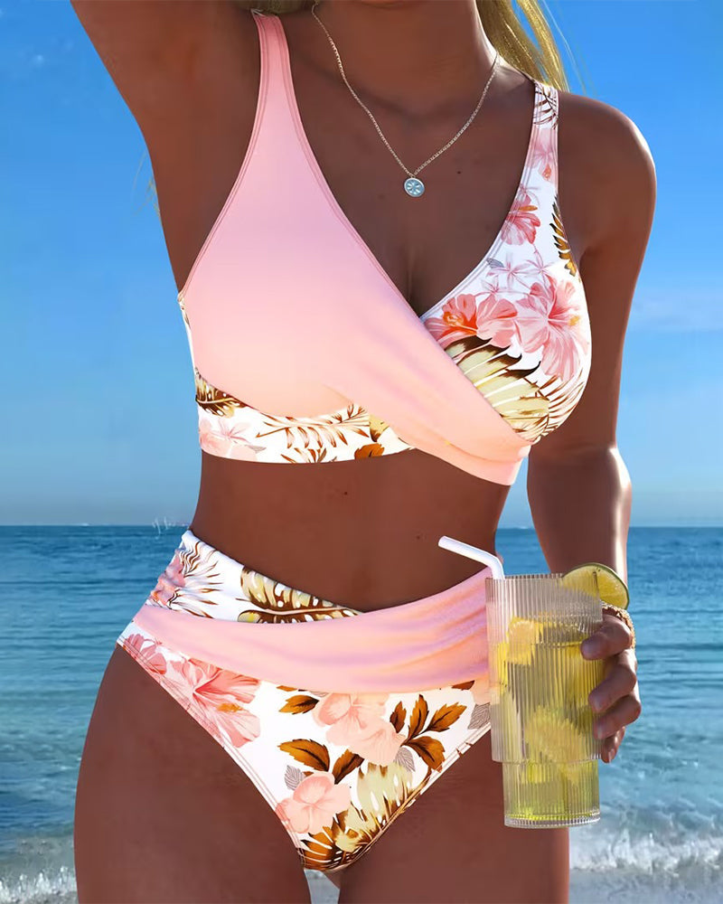 Bikini Kontrast Blumenmuster Geschnitten