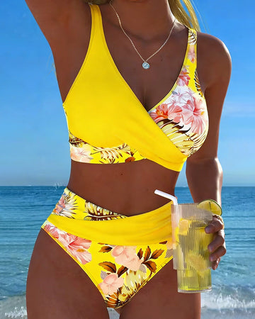 Bikini Kontrast Blumenmuster Geschnitten