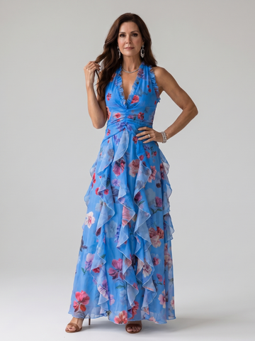 Nori | Halterneck Rüschentop Florales Maxi-Kleid