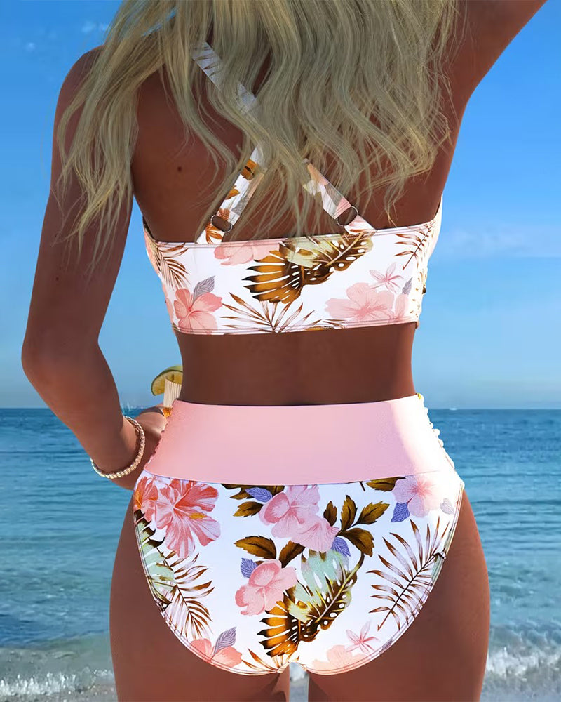 Bikini Kontrast Blumenmuster Geschnitten
