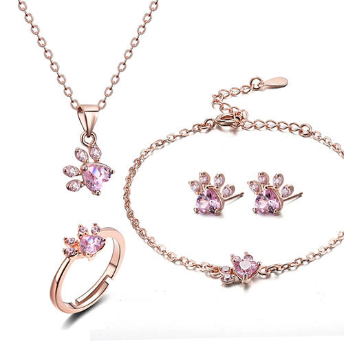 Roségold Pfoten Schmuckset – 4-teilig mit Zirkonia-Herz (Ring, Kette, Ohrringe, Armband)