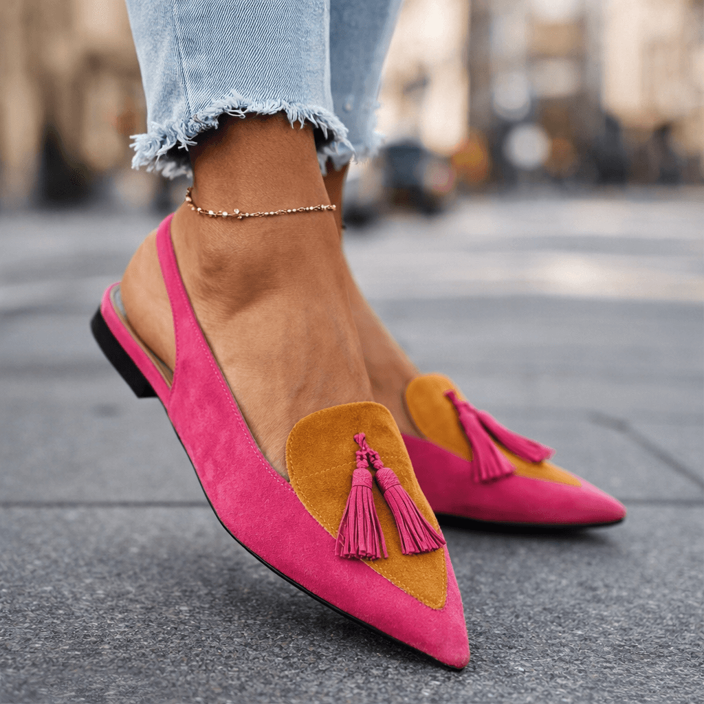 Nexoria - Elegante Bicolor-Damenmules mit trendigen Bommeln