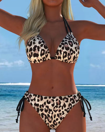Bikini mit Leopardenmuster Halterneck mit Bändern