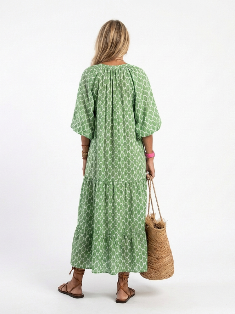 Apolline | Midikleid mit Dreiviertelärmeln, V-Ausschnitt und Muster