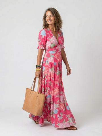 Ione | Kurzes ärmelloses V-Ausschnitt Blumen-Midi-Kleid