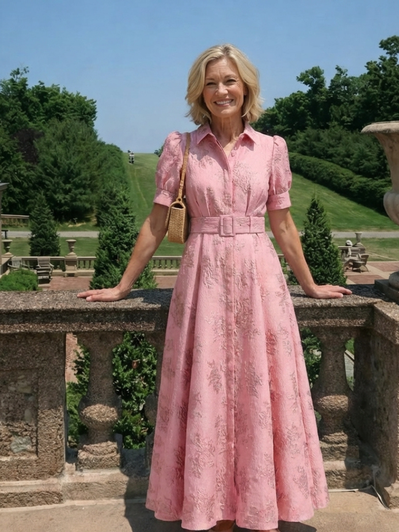 Xanthea | Maxi-Hemdblusenkleid mit kurzen Ärmeln, Gürtel und strukturiertem Blumendruck