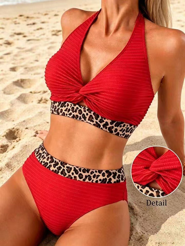 Bikini Geribbelt Leopard Farbblock