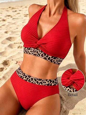 Bikini Geribbelt Leopard Farbblock