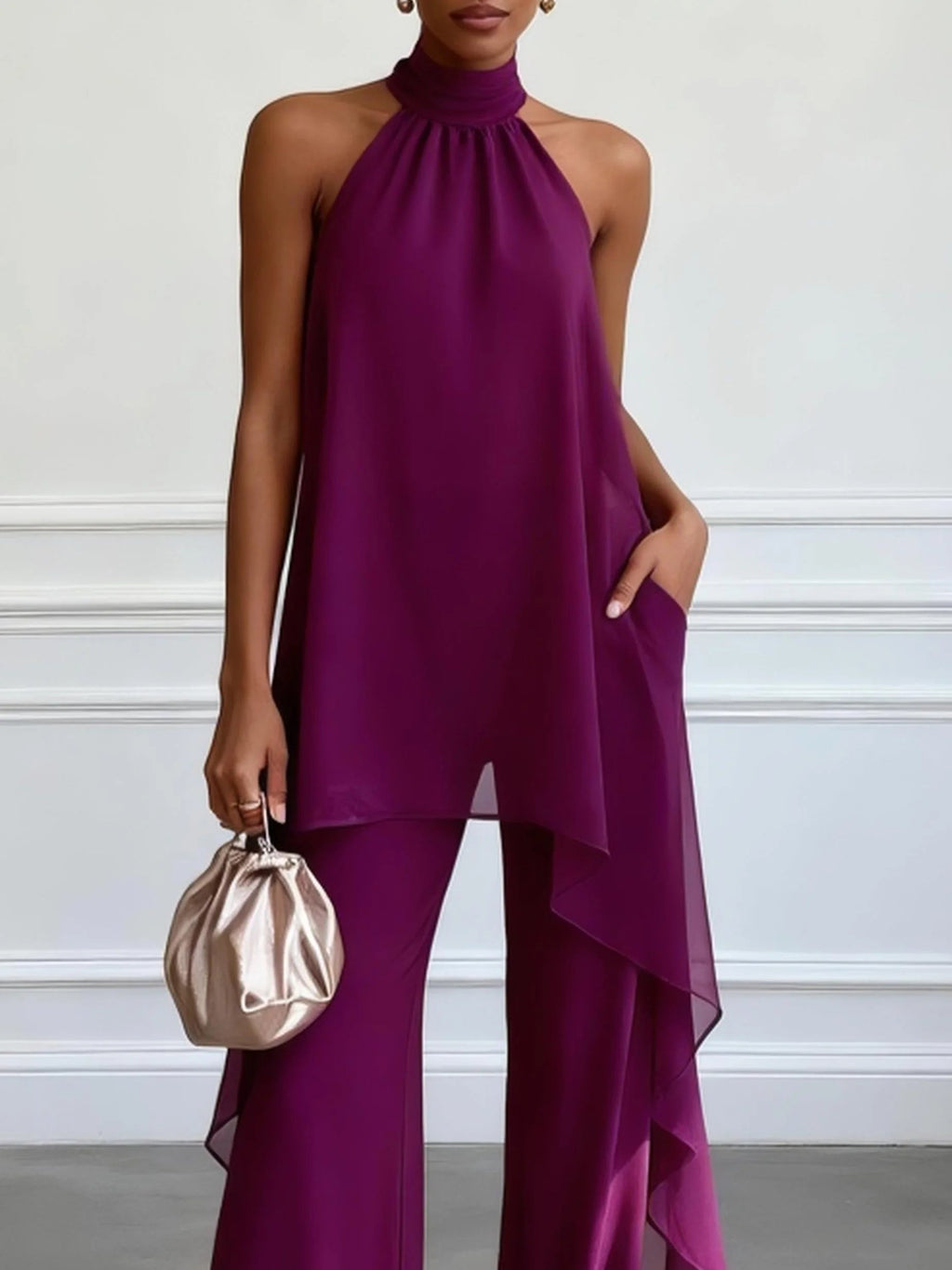 Lila Neckholder-Zweiteiliges Set mit elegantem Top und Hose