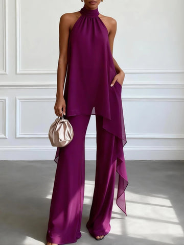 Lila Neckholder-Zweiteiliges Set mit elegantem Top und Hose