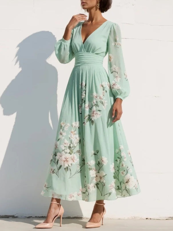Cisella | Midi-Kleid in hellgrün mit Blumenmuster