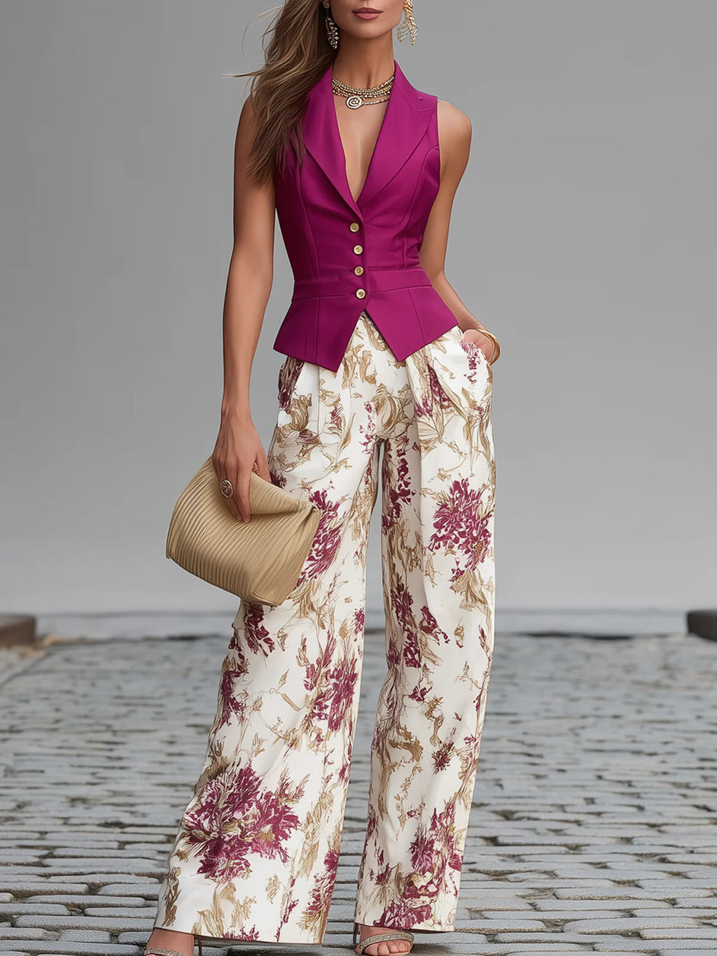 Rosafarbenes Weste- und Blumen-Set mit weitem Bein