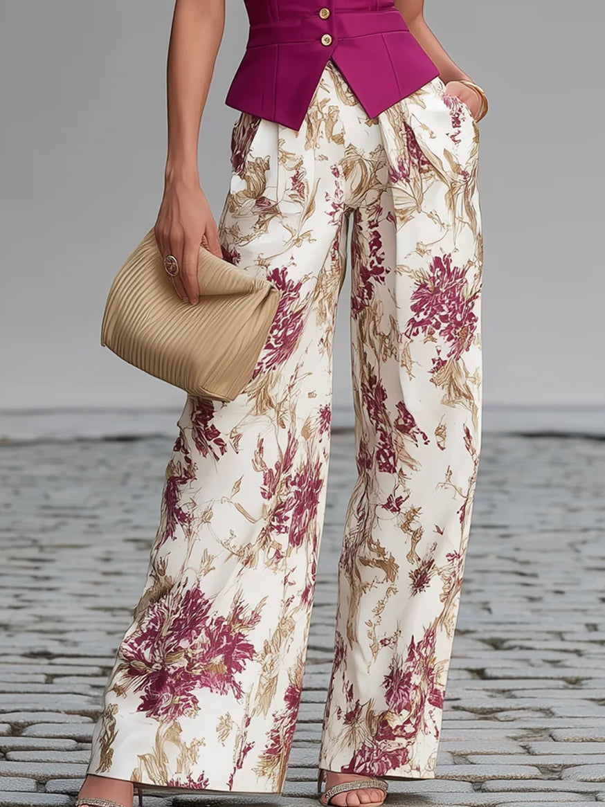 Rosafarbenes Weste- und Blumen-Set mit weitem Bein