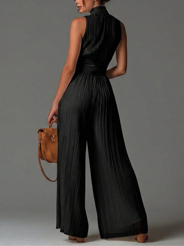 Schwarzer Chiffon-Jumpsuit mit V-Ausschnitt und weitem Bein