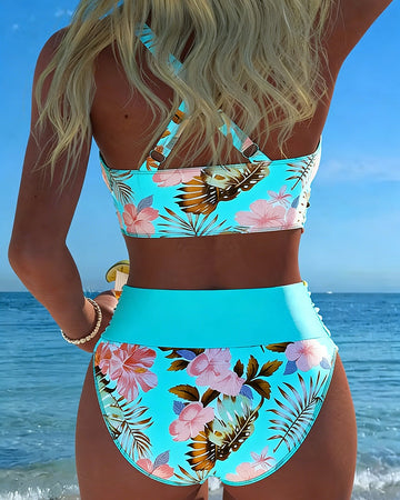 Bikini Kontrast Blumenmuster Geschnitten