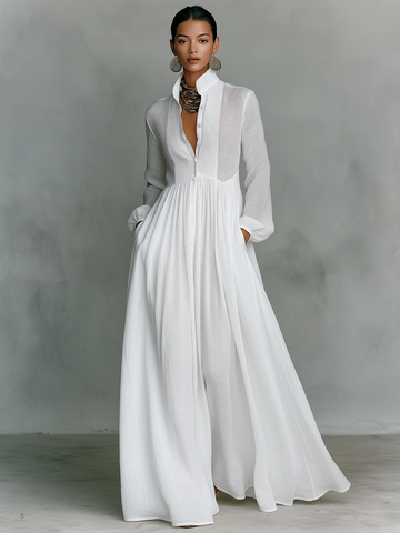 Patchwork Leinen Maxi Kleid Stehkragen
