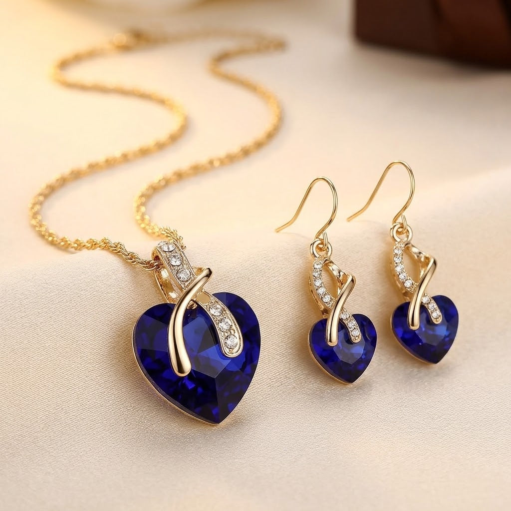 Goldenes Saphir-Herz-Schmuckset (Kette + Ohrringe)