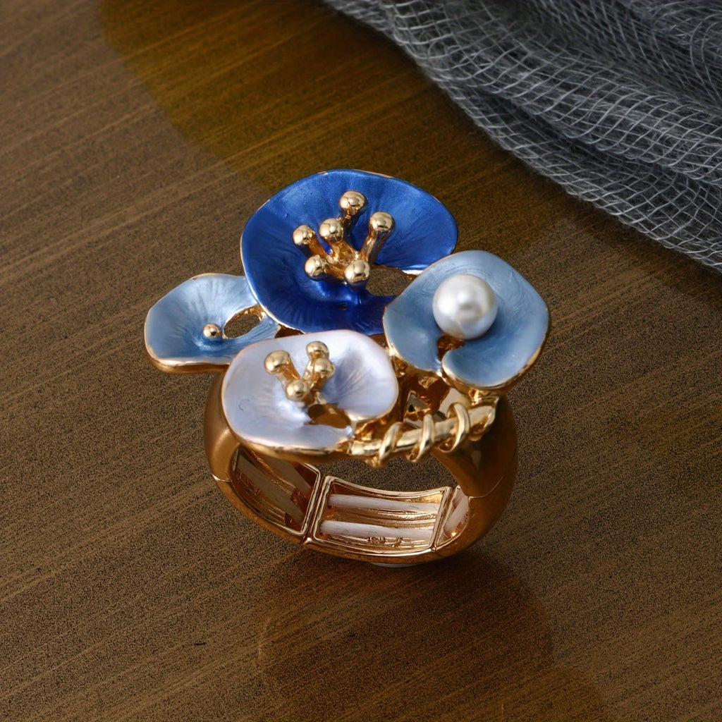 Blauer Blumen-Perlen Verstellbarer Statement-Ring
