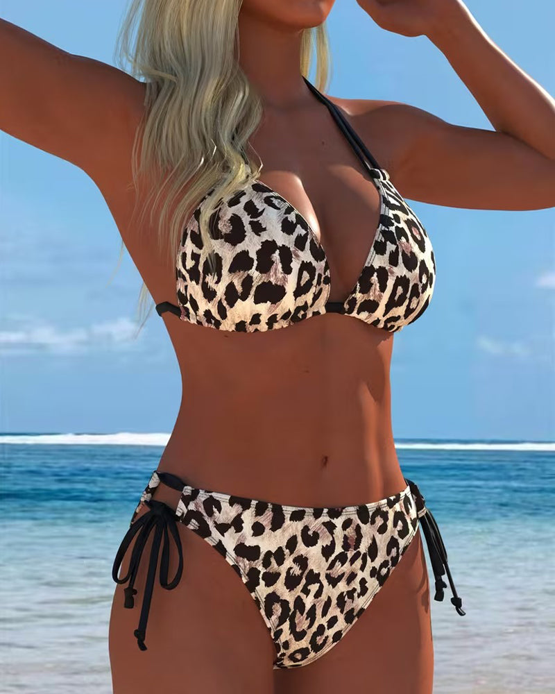 Bikini mit Leopardenmuster Halterneck mit Bändern