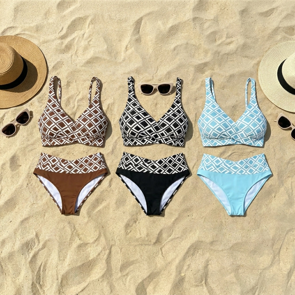 Lía - Hochtaillierter Bikini mit geometrischem Retro-Muster