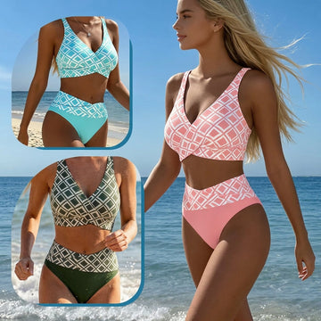 Lía - Hochtaillierter Bikini mit geometrischem Retro-Muster