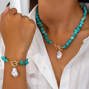 Türkis- und Perlen-Halsketten-Armband-Set
