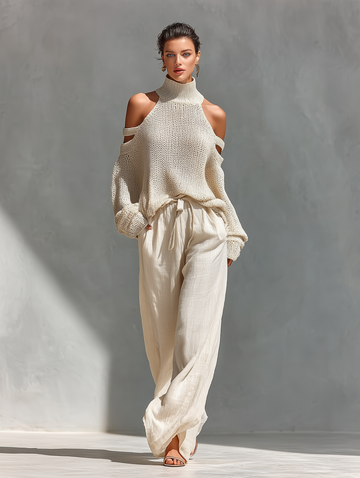 MARIA | Strick-Set mit Schulterfreiem Rollkragen-Top & Weiter Hose